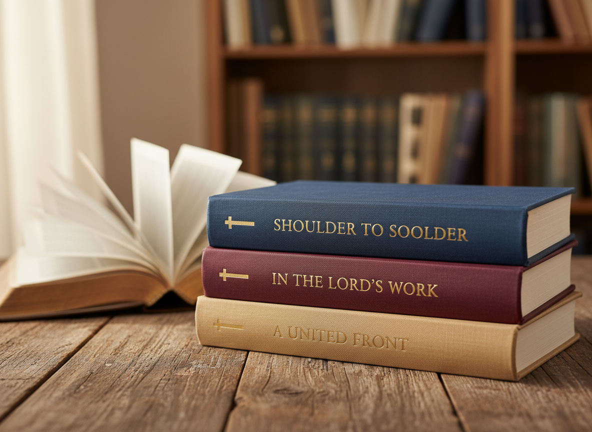 A neatly stacked trio of hardcover Christian books with textured linen covers in deep navy, burgundy, and warm sand, each embossed with simple gold crosses and elegant serif titles, resting on a rustic wooden table. Behind them, an open Bible lies gently curved, its thin pages softly rippling. Soft morning sunlight from the left washes across the scene, highlighting the gold foiling and casting gentle shadows in the page folds. The background is softly blurred bookshelves filled with more faith-based volumes. Photographic realism, eye-level composition, shallow depth of field, calm and reverent mood, emphasizing study, devotion, and the theme “Shoulder to Shoulder in the Lord’s Work.”