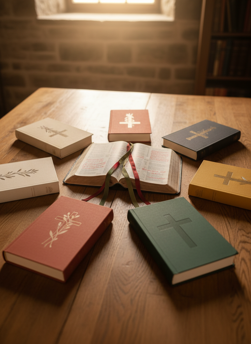 An open Bible in the center of a large oak table, its pages spread to reveal underlined passages and slim ribbon markers in deep red and olive green, with several closed Christian study books neatly radiating outward like spokes. Each book has a matte cover in muted earth tones with minimalist cross and vine motifs. Overhead, diffused golden-hour light pours onto the table, pooling around the open pages and leaving the background in soft shadow. Photographic realism, slightly elevated angle, clear focus on the central Scriptures, background falling into gentle blur. The atmosphere is contemplative, warm, and inviting, capturing the spirit of united labor in the Lord’s work without any human presence.